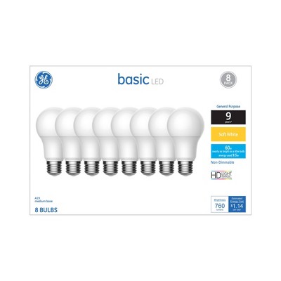 GE 8pk Basic Soft White LED 60W A19: 9.5W, 760 Lumens, 2700K, E26 Base, 9.1-Year Life, 1-Way, CA Title 20 Compliant