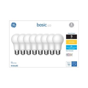 GE 8pk Basic Soft White LED 60W A19: 9.5W, 760 Lumens, 2700K, E26 Base, 9.1-Year Life, 1-Way, CA Title 20 Compliant - 1 of 4