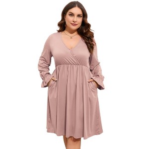 Coolmee Women's Plus Size Mini Dress Long Sleeve Wrap V Neck A Line Short Dress with Pockets - 1 of 4