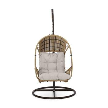 Malia Outdoor Wicker Hanging Chair with Stand  Brown/Beige - Christopher Knight Home