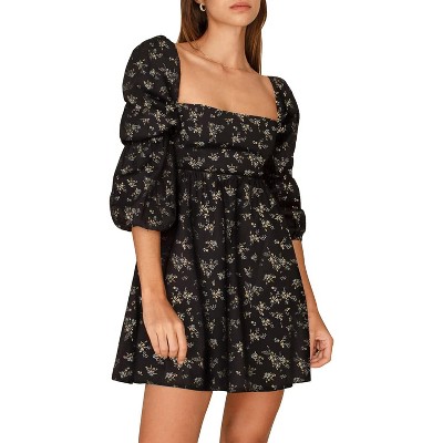 EXLURA Womens Square Neck Dress Long Puff Sleeve A-Line Casual Short Mini Dresses