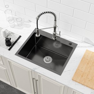 Gulches 23"x19" Black Undermount Single Bowl Kitchen Sink, 20 Gauge 304 Stainless Steel, with US Standard Drain & Hook - 1 of 4