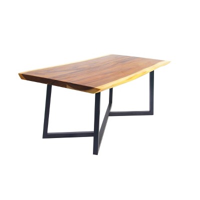 Contemporary Brown Wood Dining Table with Black Metal Base