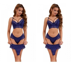 INSPIRE CHIC 2 Sets Women's Cross-Straps Bralette and Panty Mesh Floral Lace Bra and Underwear - 1 of 4