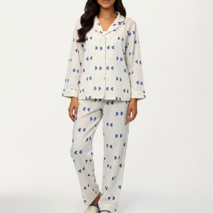 Anna-Kaci Lounge Women's 2-Piece Set Heart Print Button Front Pajama Top with Relaxed Long Sleeves and Matching Elastic Waist Pants - 1 of 4