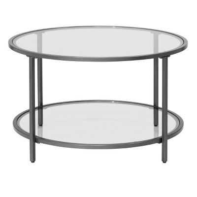 Pewter Round Glass Coffee Table with Steel Frame, 28 Inches