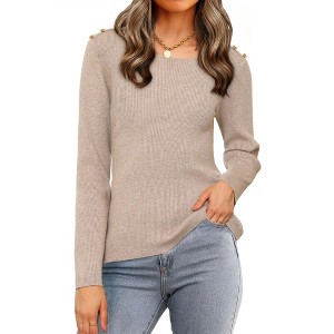 INSPIRE CHIC Women's Ribbed Knit Long Sleeve Crew Neck Button Decor Sweater - 1 of 4