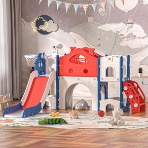 Sandinrayli 8-In-1 Toddler Slide and Climber Playset, Kids Slide Playground with Tunnel, Red/Green/Gray - 1 of 4