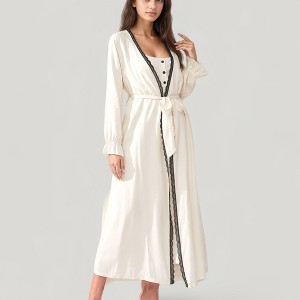 Anna-Kaci Lounge Women's Two-Piece Lounge Nightdress Set with Scoop Neck Button Front and Longline Open Robe - 1 of 4