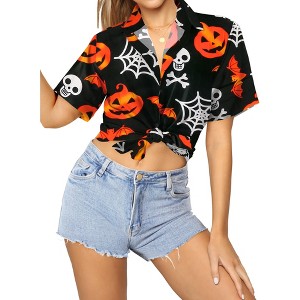 HAPPY BAY Women's Hawaiian Blouse Short Sleeve Vintage Shirt Halloween Costumes Pirate Shirt Button Down Tops for Women - 1 of 4