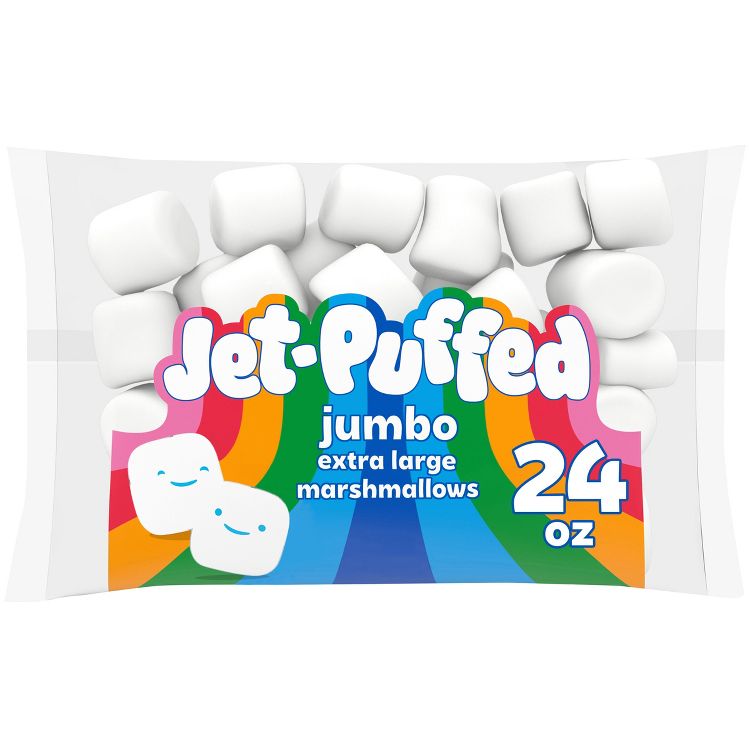 A bag of Jet-Puffed jumbo extra large marshmallows with colorful packaging and a 24 oz label.