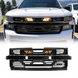 AMERICAN MODIFIED Grille w/ Amber LEDs & Emblem Holder, Compatible with 2019-2021 Chevy Silverado 1500, Armor, Glossy Black - 1 of 4