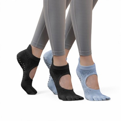 Alilang Women's 2-Pack Non-Slip Five-Toe Yoga Socks with Open Top Design for Stability and Comfort - One Size Fits Most,