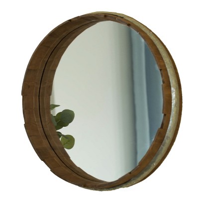 Vintiquewise Round Rustic Wood and Galvanized Metal Framed Wine Barrel Shaped Wall Mirror