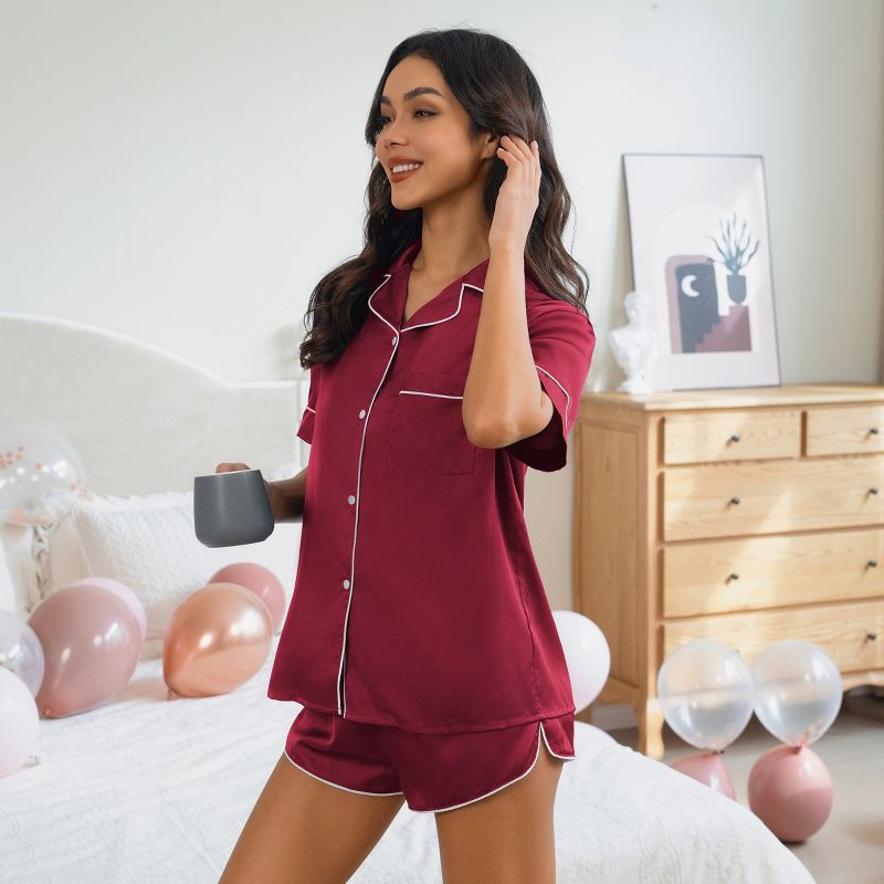 Women's Satin Collared Button-Up Short Sleeve Top & Shorts Pajama Set - Cupshe, 3 of 5