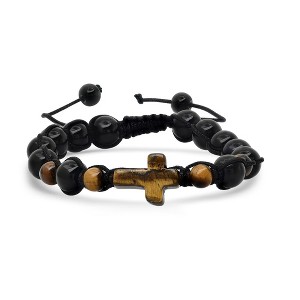 Steeltime Men's tiger eye cross and black beads drawstring beaded bracelet - 1 of 4