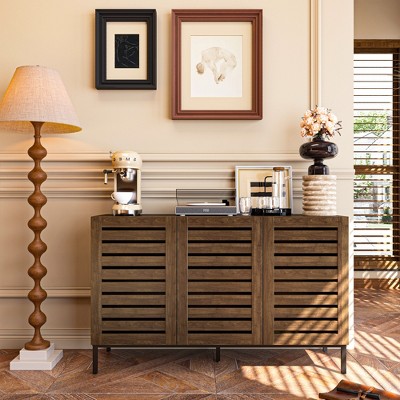 Farmhouse Sideboard Buffet Storage Cabinet with Strip Skeleton Door and Adjustable shelves, for living room dining room kitchen