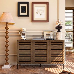 Farmhouse Sideboard Buffet Storage Cabinet with Strip Skeleton Door and Adjustable shelves, for living room dining room kitchen - 1 of 4