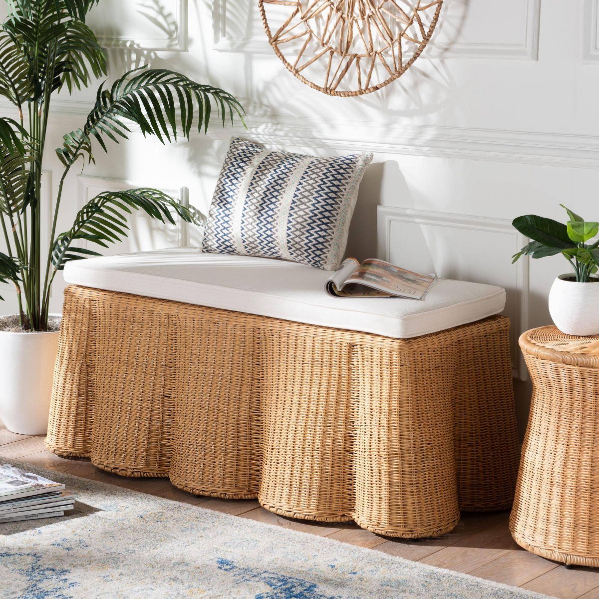 bali & pari Palm Scallop Natural Rattan Rectangle Ottoman with Cushion Light Honey - thumbnail 7