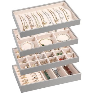 4-Piece Stackable Jewelry Organizer Trays made of PU leather with removable dividers for earrings, necklaces, rings, and bracelets - 1 of 4