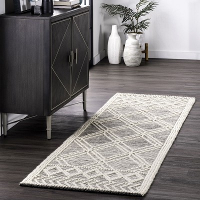 Gray and Off-White Handmade Wool Trellis Runner Rug