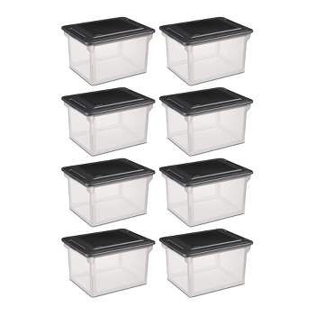 Sterilite File Box, Stackable Storage Bin with Lid, Organize Receipts, Bills, Taxes, and Papers in the Home, Office, Clear Base with Black Lid, 8-Pack