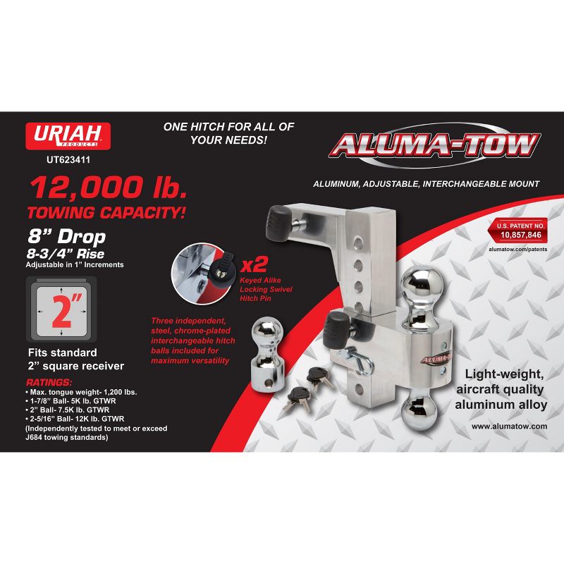 Aluma-Tow Ultra Rust Free Adjustable Aluminum Ball Mount Trailer Hitch Kit for 2 In Receivers w/ Plastic Carrying Case, 5 of 7