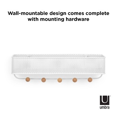 White Steel Wall Organizer with Wooden Knob Hooks