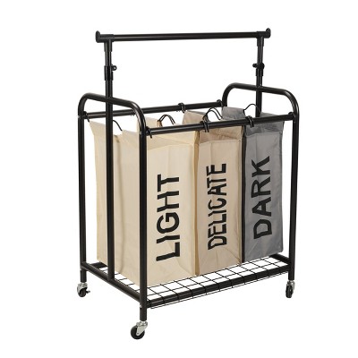 Black Metal 3-Bag Rolling Laundry Sorter with Adjustable Hanging Bar