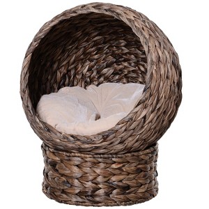 SKYONE Elevated Rotating Cat Basket Bed with Soft Cushion, Handwoven Wicker Kitty House with Stand, - 1 of 4