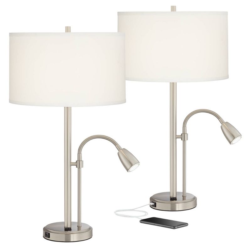 Possini Euro Design Traverse Modern Table Lamps Set of 2 29 1/2" Tall Brushed Nickel with USB Charging Port LED Gooseneck White Drum Shade for Desk, 1 of 10