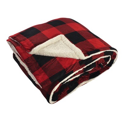 Hudson Home Collection Home Mink Blanket with Faux Shearling Back, Buffalo Plaid Faux Shearling