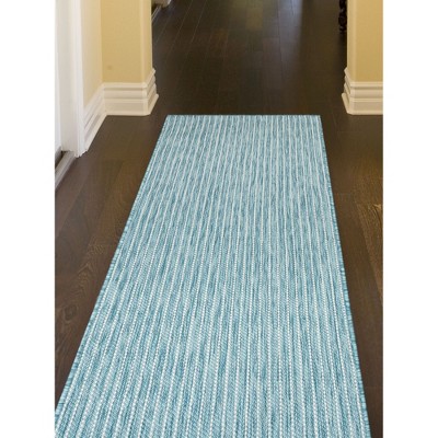 Aqua and Beige Flat Woven Synthetic Stripe Rug 24" x 7'6"