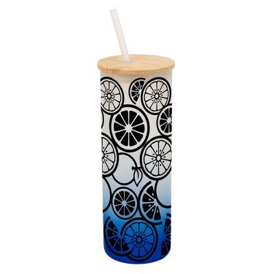 Elanze Designs Citrus Summer Lemon Lime Orange Wrap-Around Design 25 Ounce Frosted Gradient Glass On-The-Go Coffee Travel Skinny Tumbler Mug Cup,