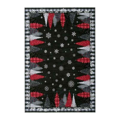 Washable Christmas Living Room Rugs, Winter Holiday Christmas Tree Snowflake Print Bedroom Rugs, Buffalo Plaid Non Slip Carpet for Dining Room