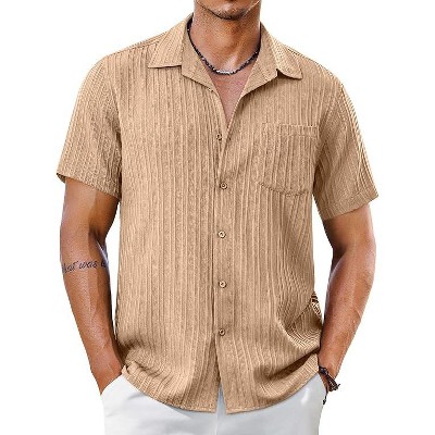 Men's Short Sleeve Casual Button Down Shirts Textured Summer Beach Shirt with Pocket kh