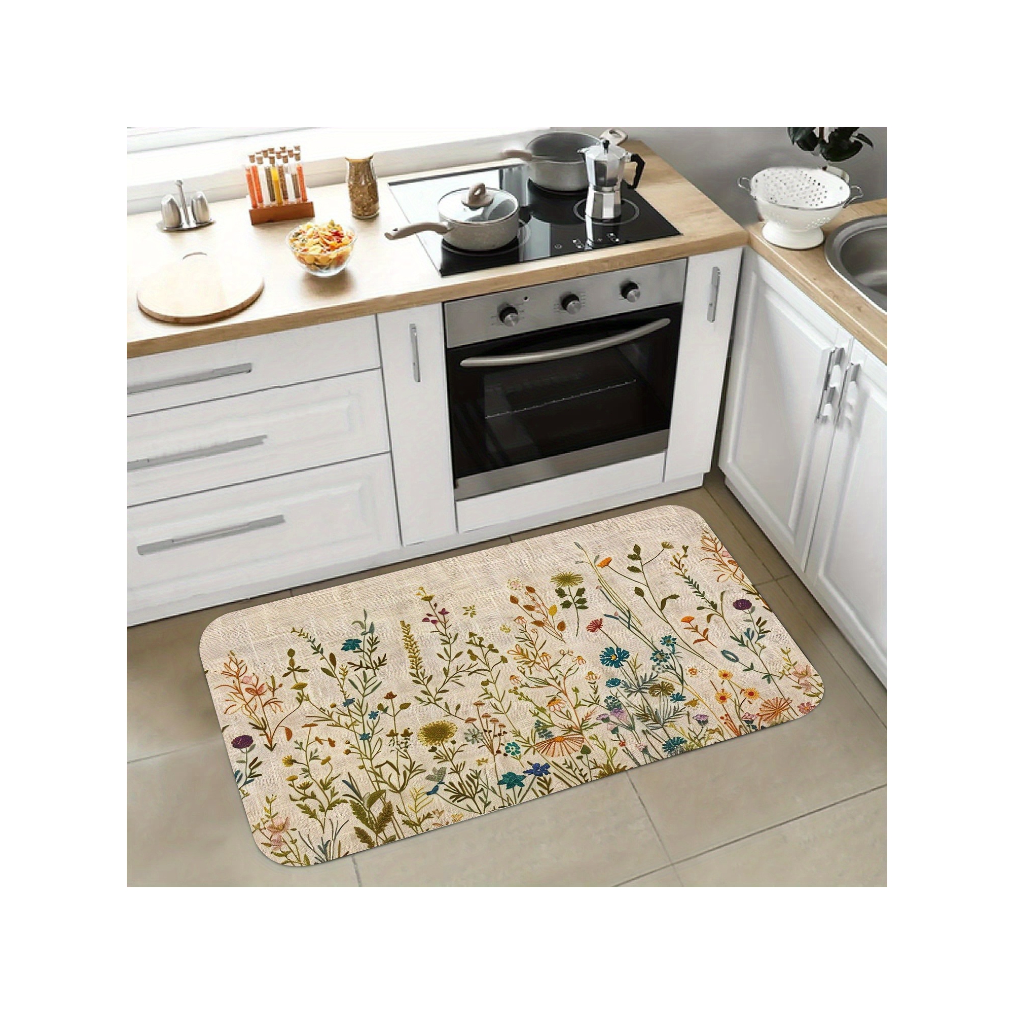 Lomsoe 1pc Floral Print Pattern for Flannel Kitchen Rugs, Entrance Mats, Laundry Room Mats, And Bathroom Entry Carpets.