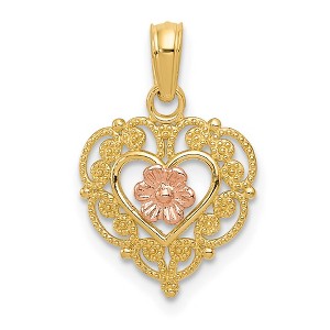 Black Bow Jewelry 14k Rose and Yellow Gold, Lace Trim Heart and Pink Flower Pendant - 1 of 4