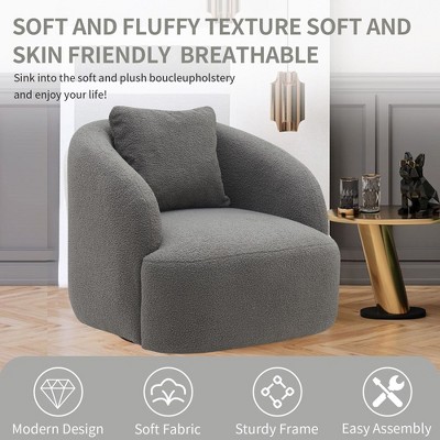 Gray Boucle Upholstered Swivel Barrel Chair with Metal Base