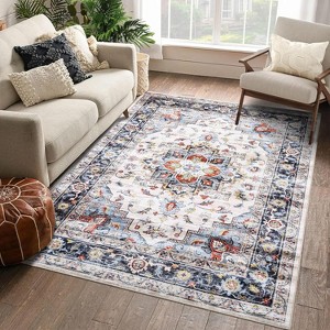 Washable Area Rug, Vintage Floral Print Low Pile Carpet, Non Slip Stain Resistant Foldable Floor Mat for Living Room - 1 of 4