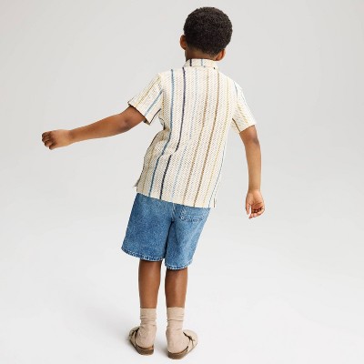 Cat & Jack Boys' Short Sleeve Crochet Striped Button-Down Shirt - Cat & Jack™ Cream M — фото 2