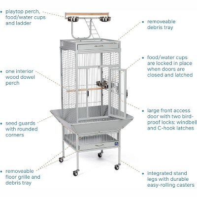 Pewter Wrought Iron Bird Cage with Play Stand and Casters