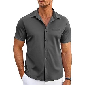 COOFANDY Men Button Up Short Sleeve Muscle Fit Stretch Dress Shirt Summer Casual Stylish Wrinkle Free Camp Tops Grey - 1 of 4