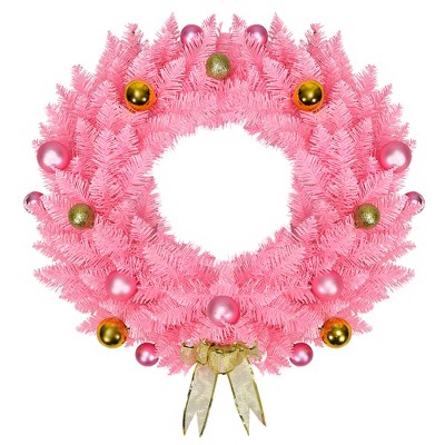 Costway 24'' Artificial PVC Christmas Wreath 140 Tips w/ Ornament Balls & Golden Bow Pink