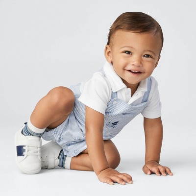 100% Cotton Baby Boy Blue Denim Button Up Short-sleeve Romper with Pocket