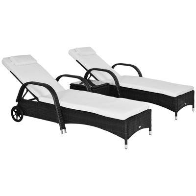 Outsunny Chaise Lounge Set of 2 with 5 Angle Backrest, Wheels, Armrests, Table, Cushions, PE Rattan Wicker Chairs, 3-Piece Pool Furniture Set