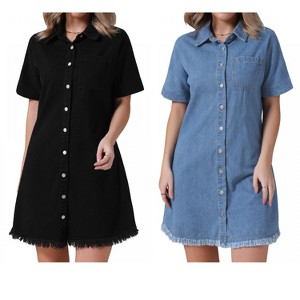 INSPIRE CHIC Women's Denim Button Front Frayed Hem Collared Short Sleeve Jean Shirt Dress 2 Packs - 1 of 4