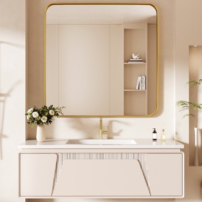 Tempered Glass Rounded Rectangle Framed Wall-Mounted Bathroom Vanity Mirror