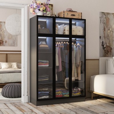 FUFU&GAGA Wardrobe Display Cabinet Armoire with LED Lights and Glass Doors