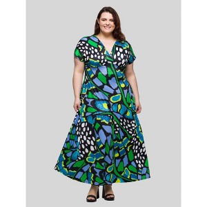 24seven Comfort Apparel Plus Size Blue Butterfly Print V Neck Empire Waist Cap Sleeve Maxi Dress - 1 of 4